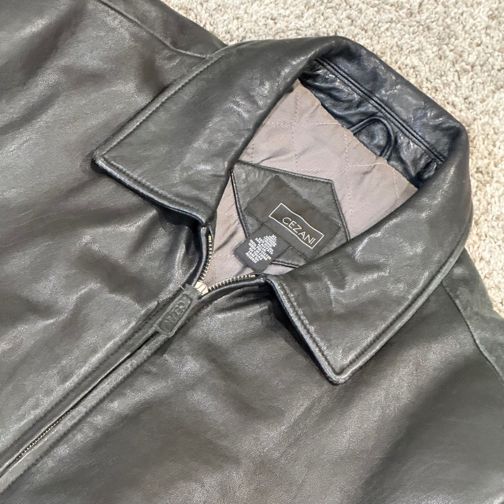 Cezani‎ Black Leather Quilted Lined Full Zip Mid-Length Coat Mens XL 25" x 33"